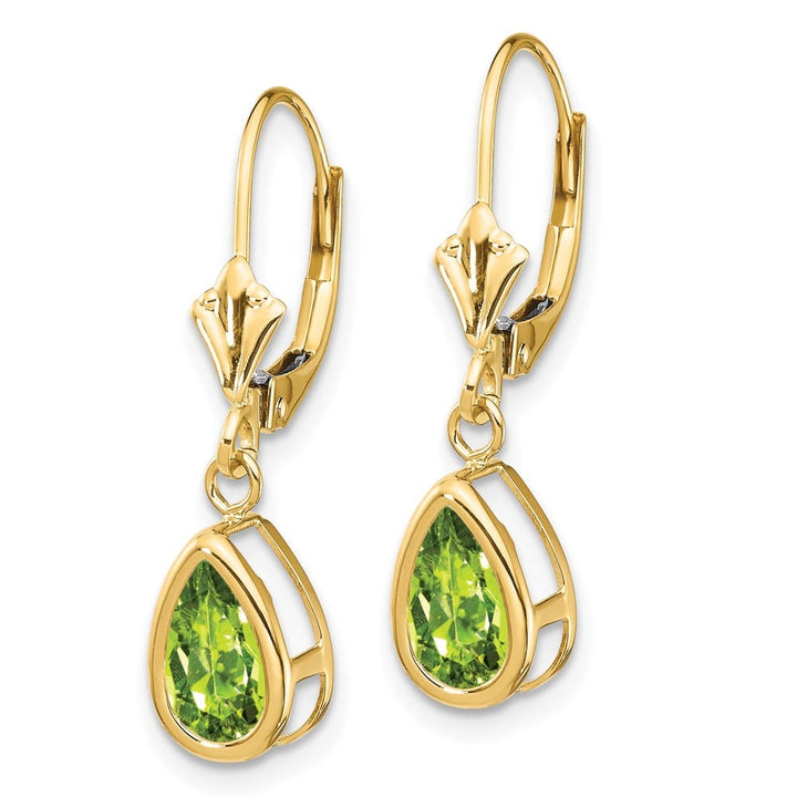 14K Yellow Gold 8x5mm Pear Bezel Leverback Dangle Earrings, view 10 of 20