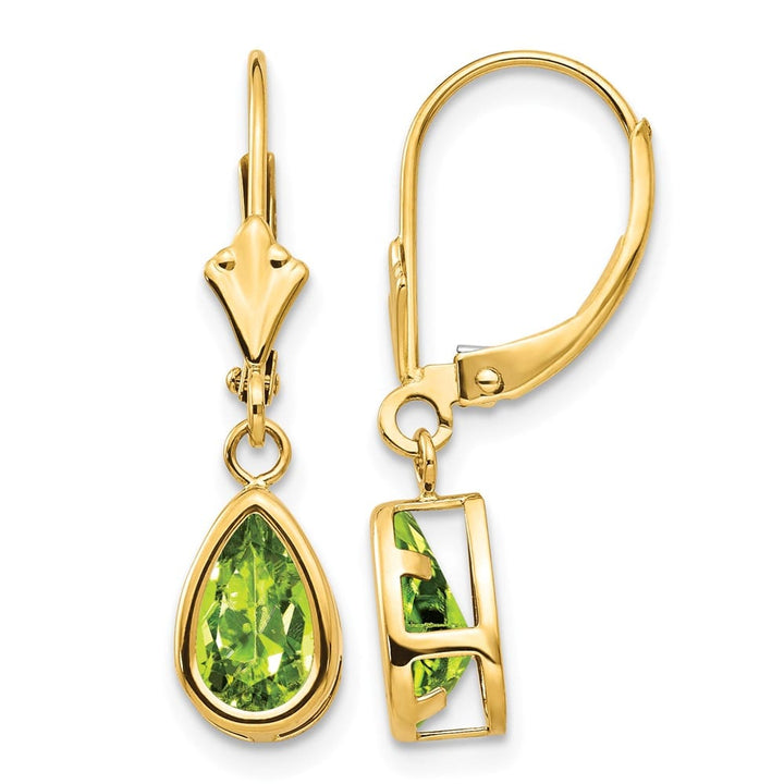 14K Yellow Gold 8x5mm Pear Bezel Leverback Dangle Earrings, view 9 of 20