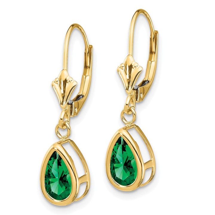 14K Yellow Gold 8x5mm Pear Bezel Leverback Dangle Earrings, view 6 of 20