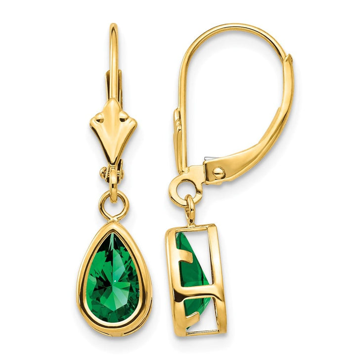 14K Yellow Gold 8x5mm Pear Bezel Leverback Dangle Earrings, view 5 of 20