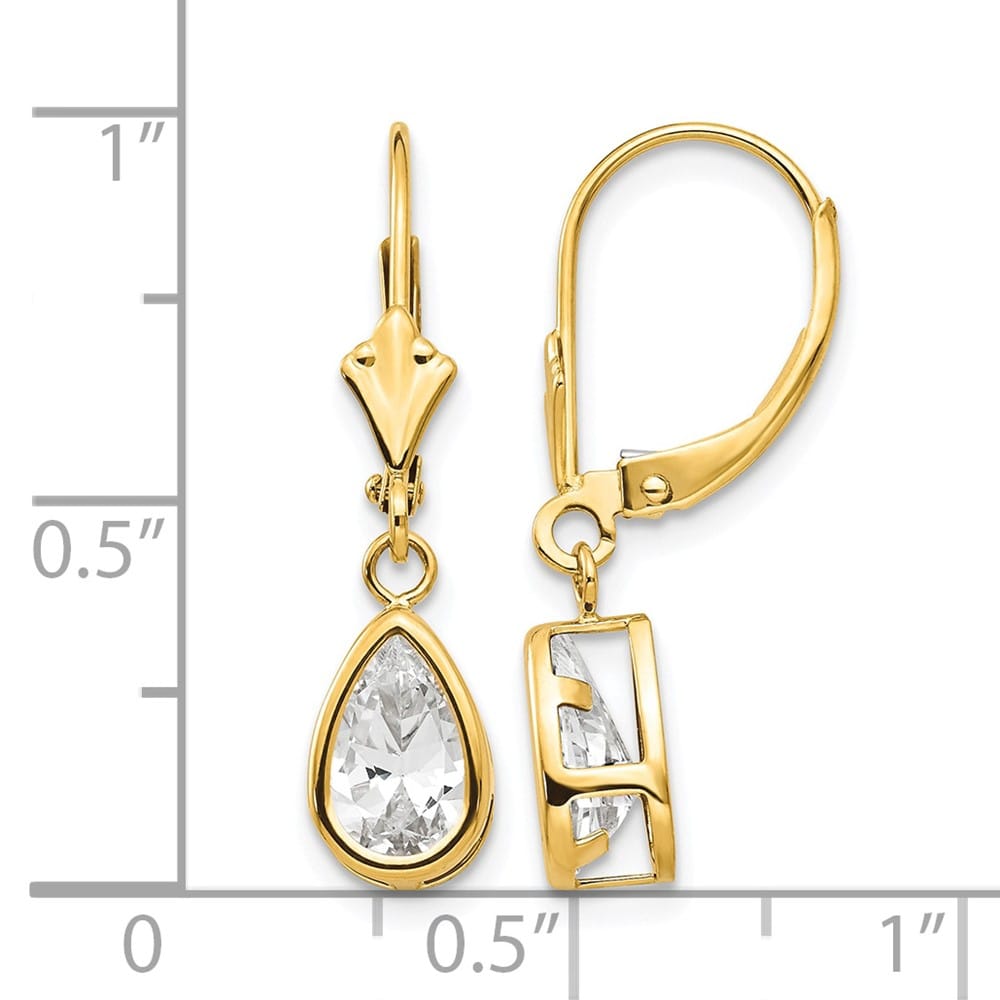 14K Yellow Gold 8x5mm Pear Bezel Leverback Dangle Earrings, view 4 of 20