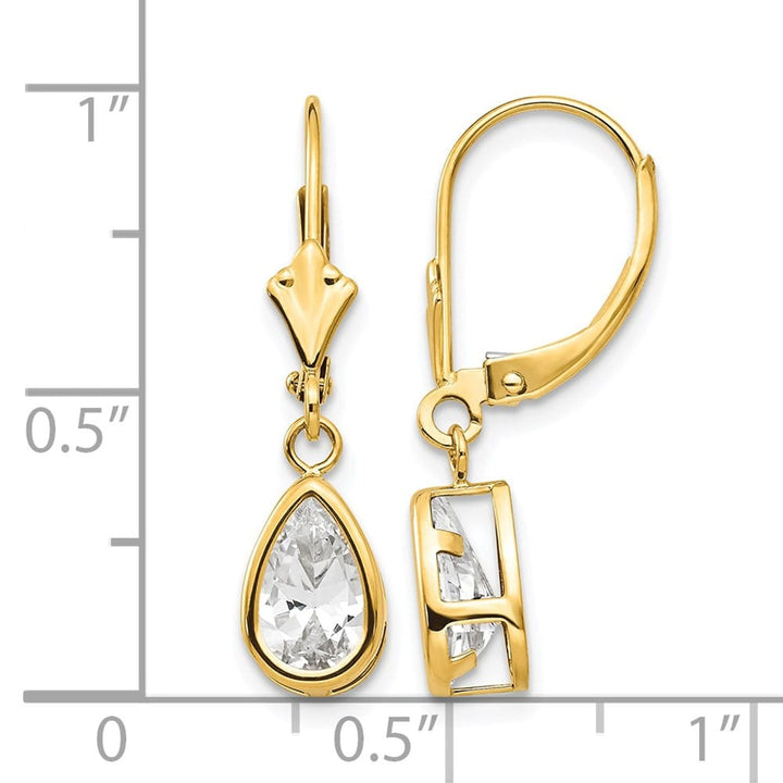 14K Yellow Gold 8x5mm Pear Bezel Leverback Dangle Earrings, view 4 of 20