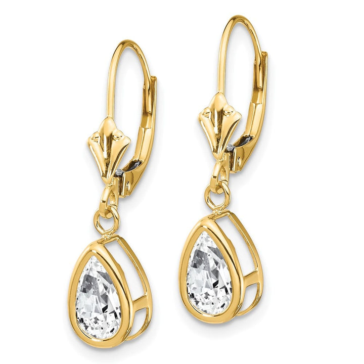 14K Yellow Gold 8x5mm Pear Bezel Leverback Dangle Earrings, view 2 of 20