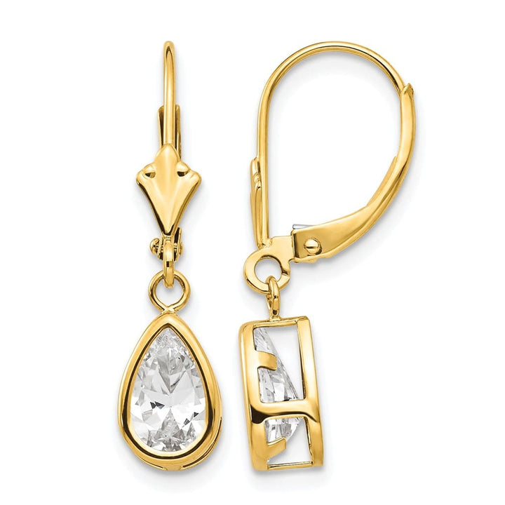 14K Yellow Gold 8x5mm Pear Bezel Leverback Dangle Earrings, view 1 of 20