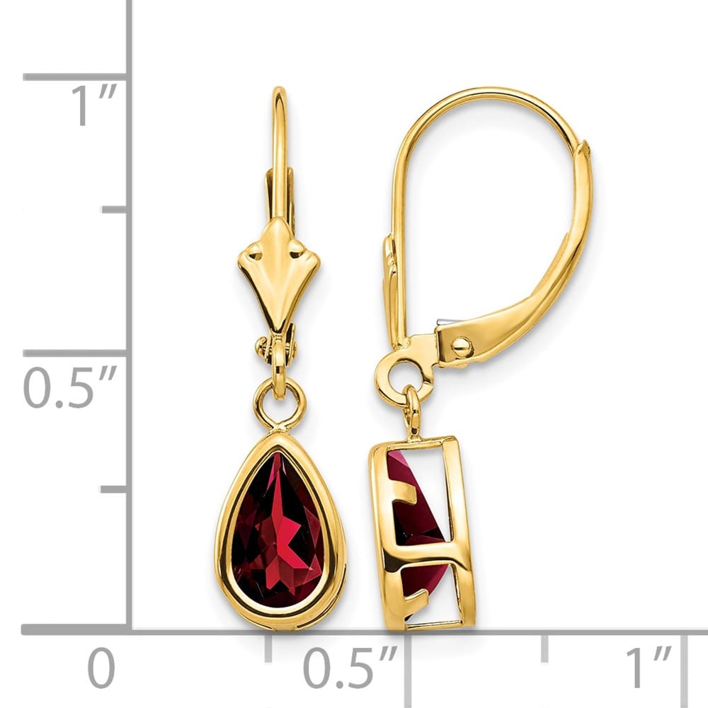 14K Yellow Gold 8x5mm Pear Bezel Leverback Dangle Earrings, Garnet, view 20 of 20