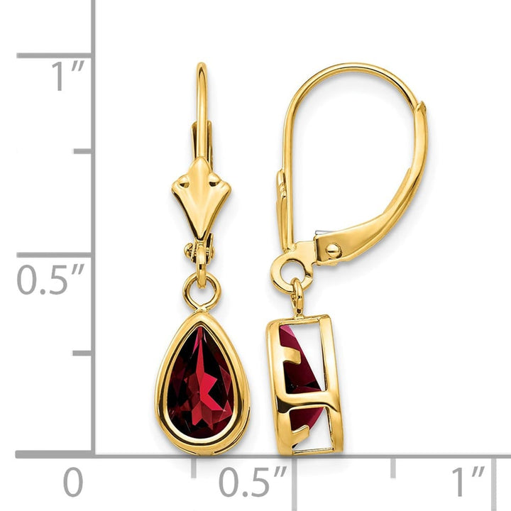 14K Yellow Gold 8x5mm Pear Bezel Leverback Dangle Earrings, Garnet, view 20 of 20