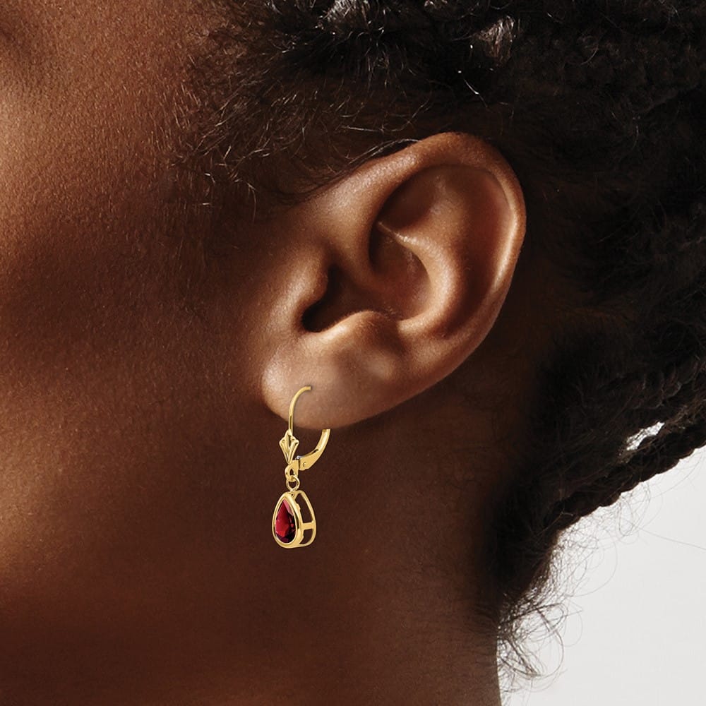 14K Yellow Gold 8x5mm Pear Bezel Leverback Dangle Earrings, Garnet, view 19 of 20