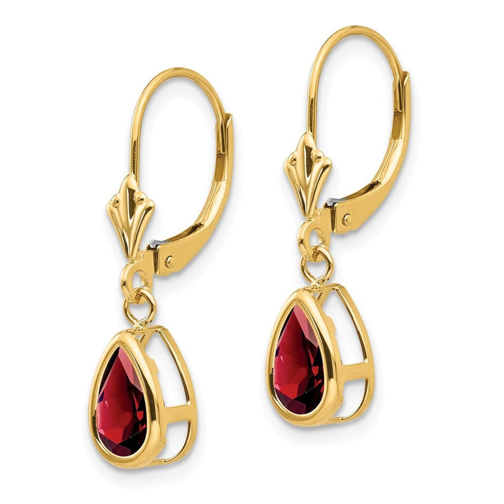 14K Yellow Gold 8x5mm Pear Bezel Leverback Dangle Earrings, Garnet, view 18 of 20
