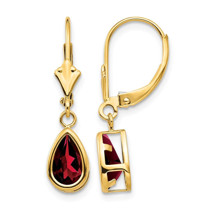 14K Yellow Gold 8x5mm Pear Bezel Leverback Dangle Earrings, Garnet, view 17 of 20