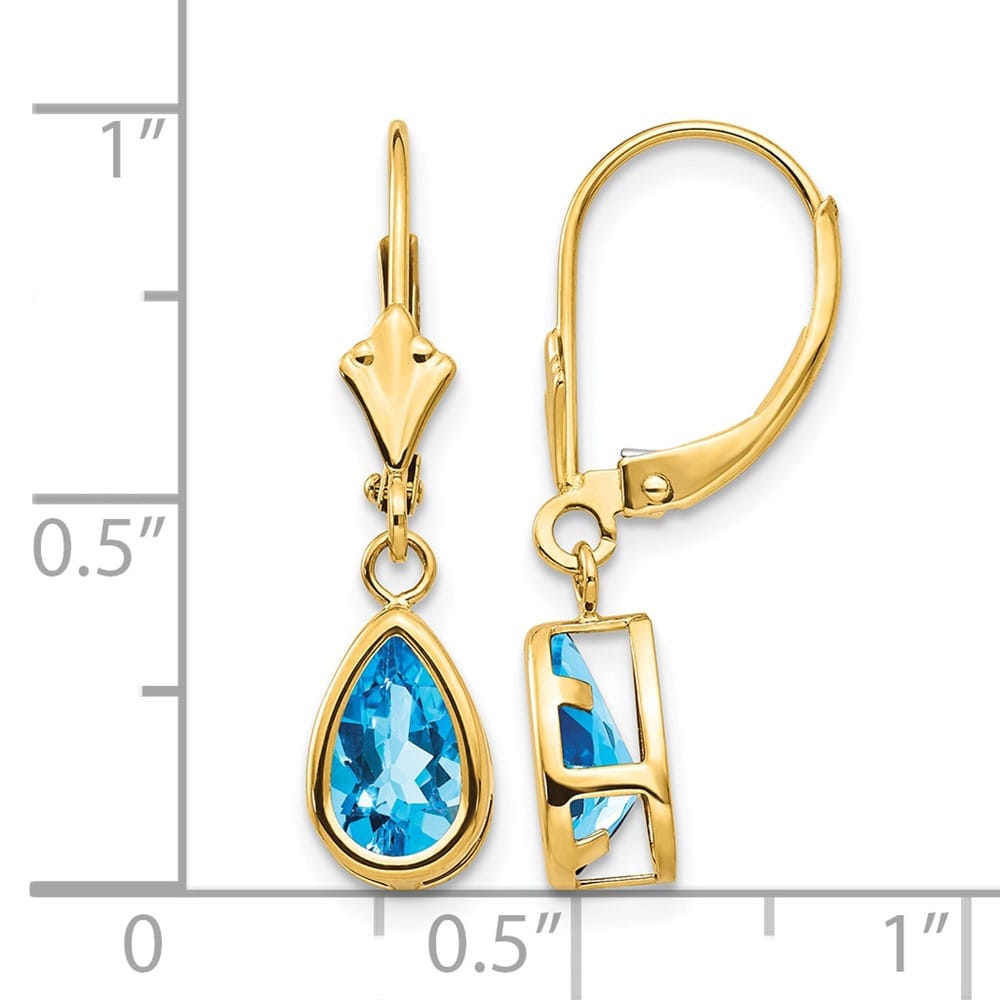 14K Yellow Gold 8x5mm Pear Bezel Leverback Dangle Earrings, Swiss Blue Topaz, view 16 of 20