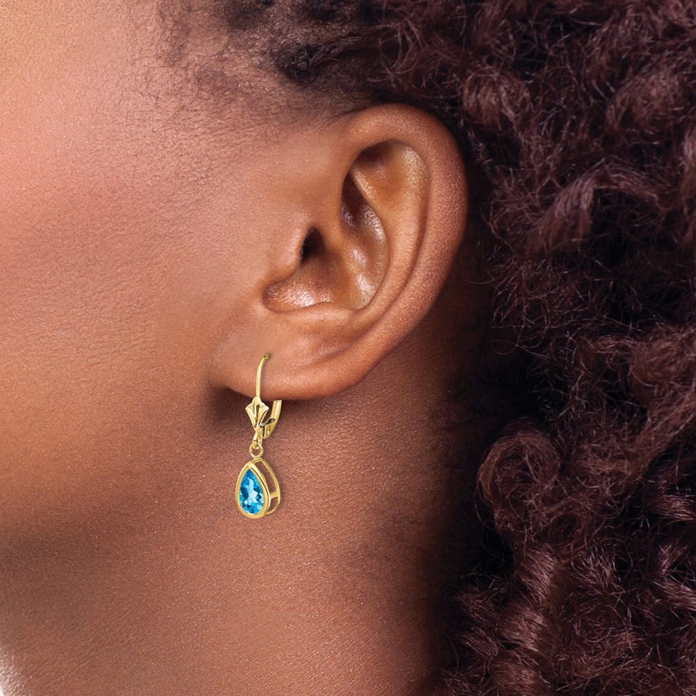 14K Yellow Gold 8x5mm Pear Bezel Leverback Dangle Earrings, Swiss Blue Topaz, view 15 of 20