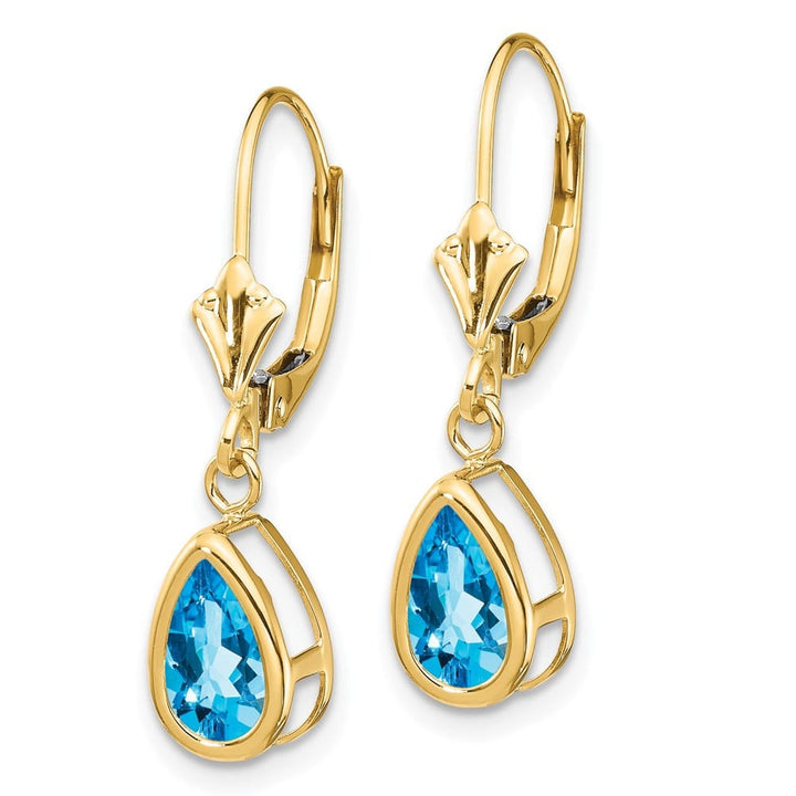 14K Yellow Gold 8x5mm Pear Bezel Leverback Dangle Earrings, Swiss Blue Topaz, view 14 of 20