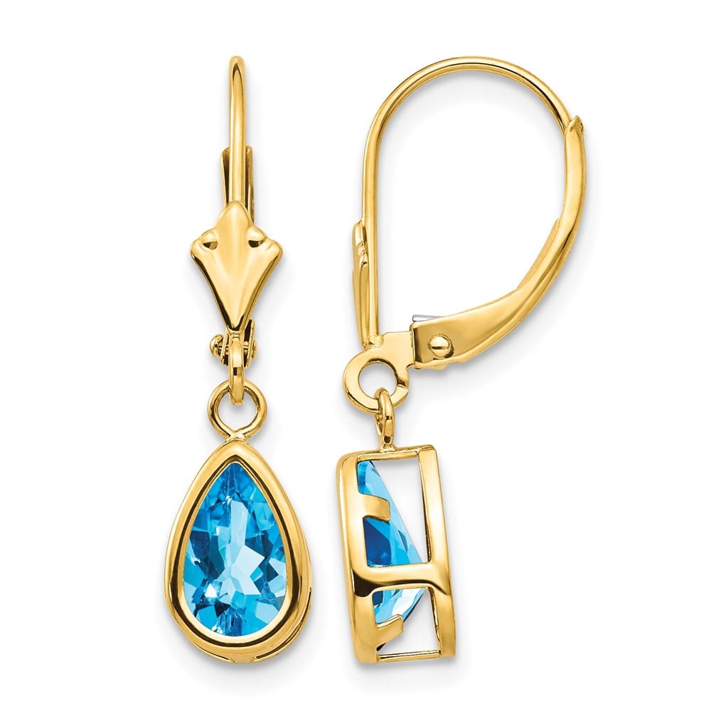 14K Yellow Gold 8x5mm Pear Bezel Leverback Dangle Earrings, Swiss Blue Topaz, view 13 of 20