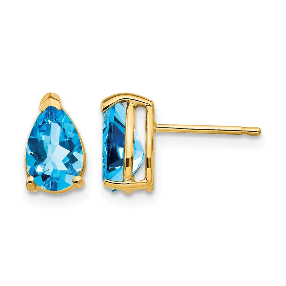 14K Yellow Gold 8x5mm Pear Blue Topaz Post Earrings, view 1 of 4