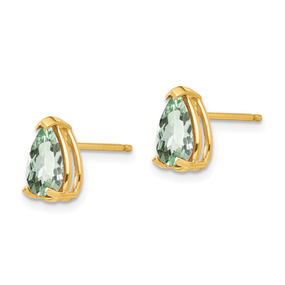 14K Yellow Gold 8x5mm Pear Green Quartz Post Earrings, view 2 of 4