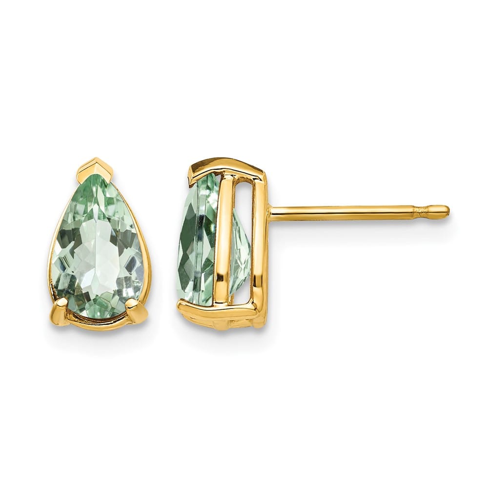 14K Yellow Gold 8x5mm Pear Green Quartz Post Earrings, view 1 of 4