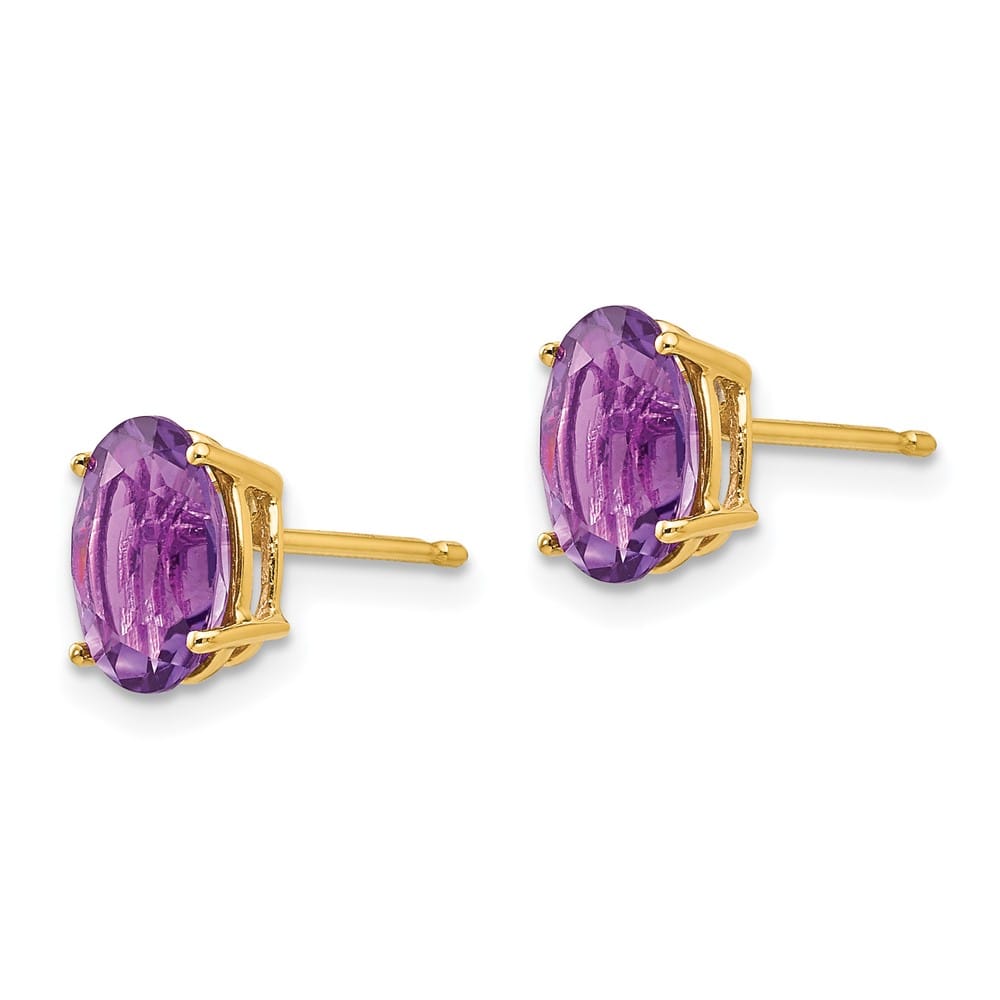 14K Yellow Gold 8x6mm Oval Amethyst Post Earrings, view 2 of 4
