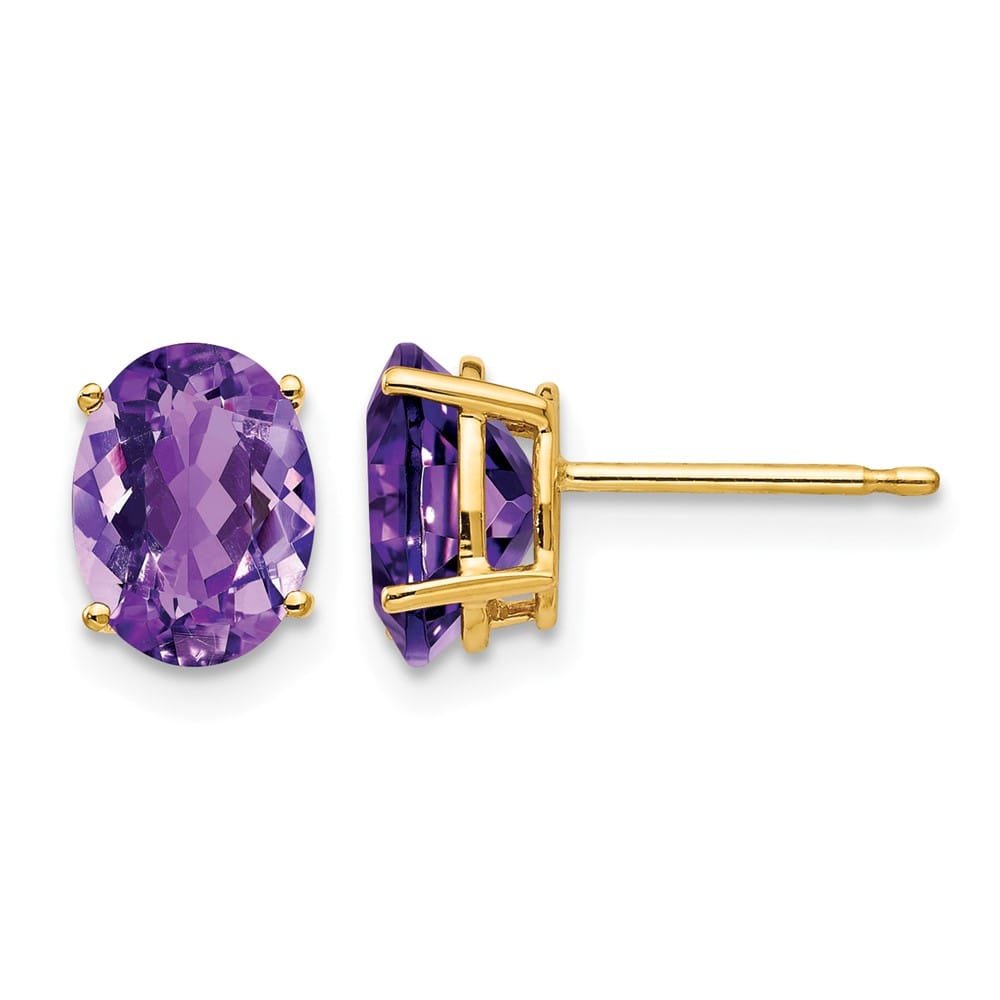 14K Yellow Gold 8x6mm Oval Amethyst Post Earrings, view 1 of 4