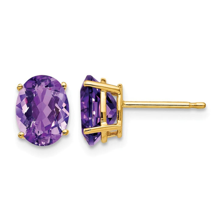 14K Yellow Gold 8x6mm Oval Amethyst Post Earrings, view 1 of 4