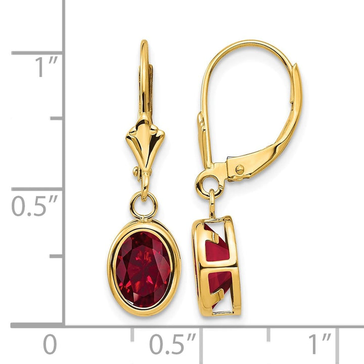 14K Yellow Gold 8x6mm Oval Lab Ruby Leverback Earrings, view 4 of 24