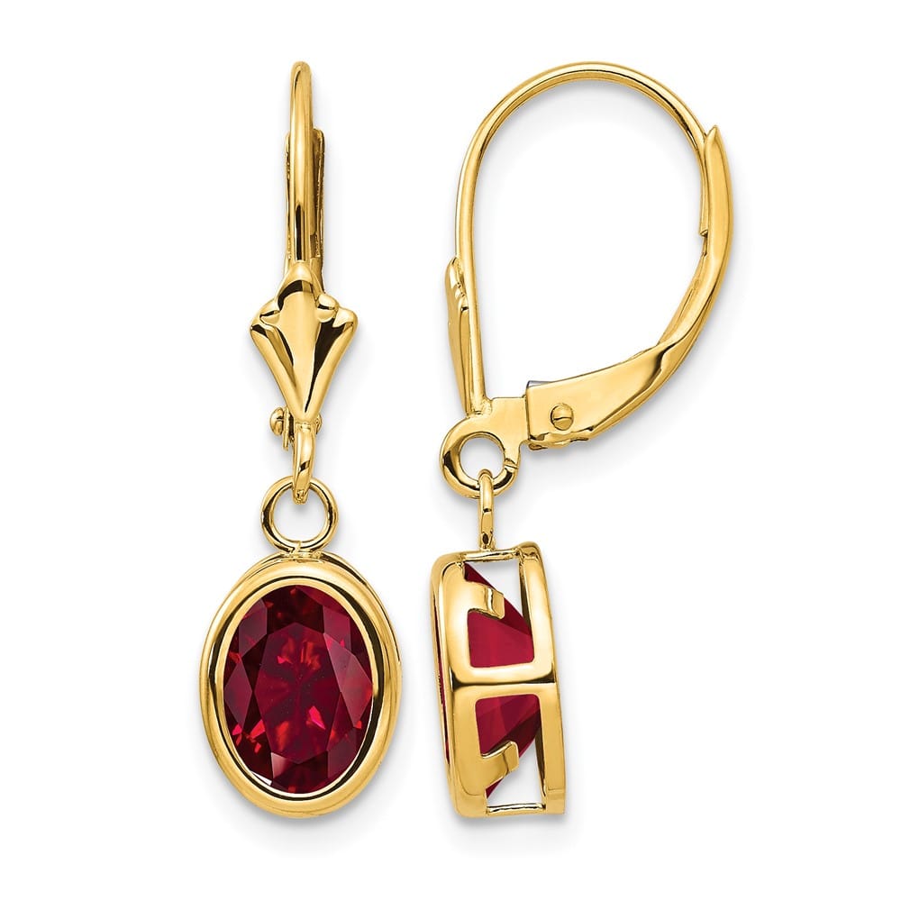 14K Yellow Gold 8x6mm Oval Lab Ruby Leverback Earrings, view 1 of 24