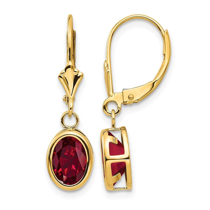 14K Yellow Gold 8x6mm Oval Lab Ruby Leverback Earrings, view 1 of 24
