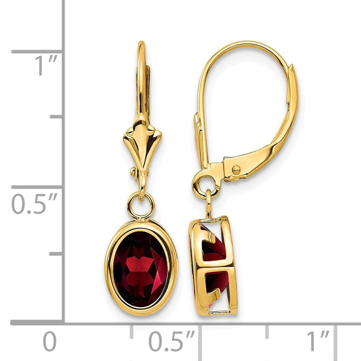 14K Yellow Gold 8x6mm Oval Bezel Leverback Dangle Earrings, Garnet, view 24 of 24