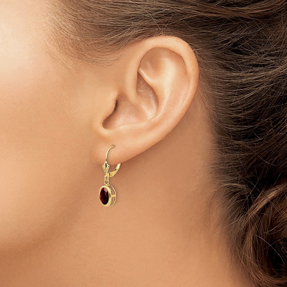 14K Yellow Gold 8x6mm Oval Bezel Leverback Dangle Earrings, Garnet, view 23 of 24