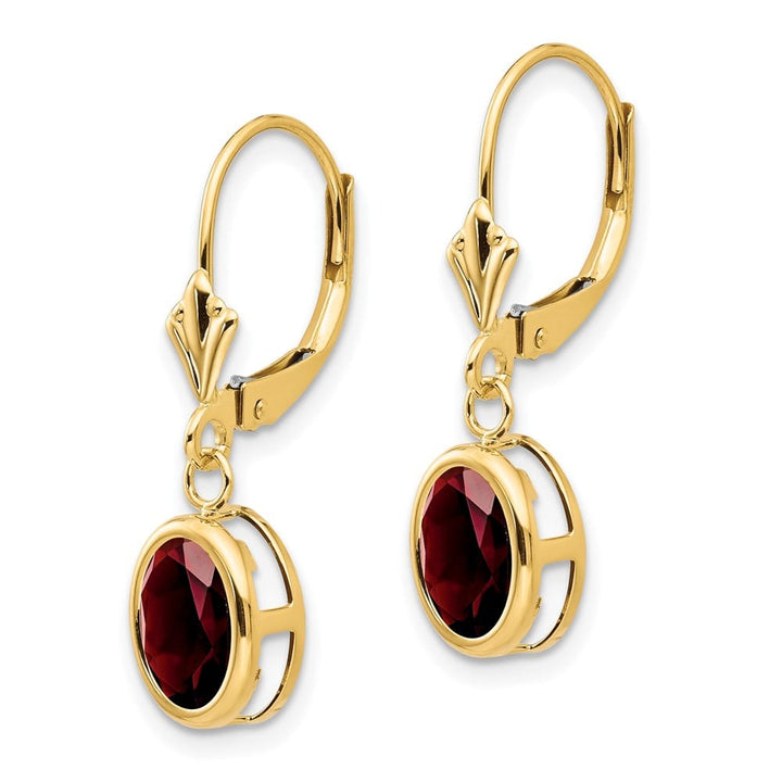 14K Yellow Gold 8x6mm Oval Bezel Leverback Dangle Earrings, Garnet, view 22 of 24