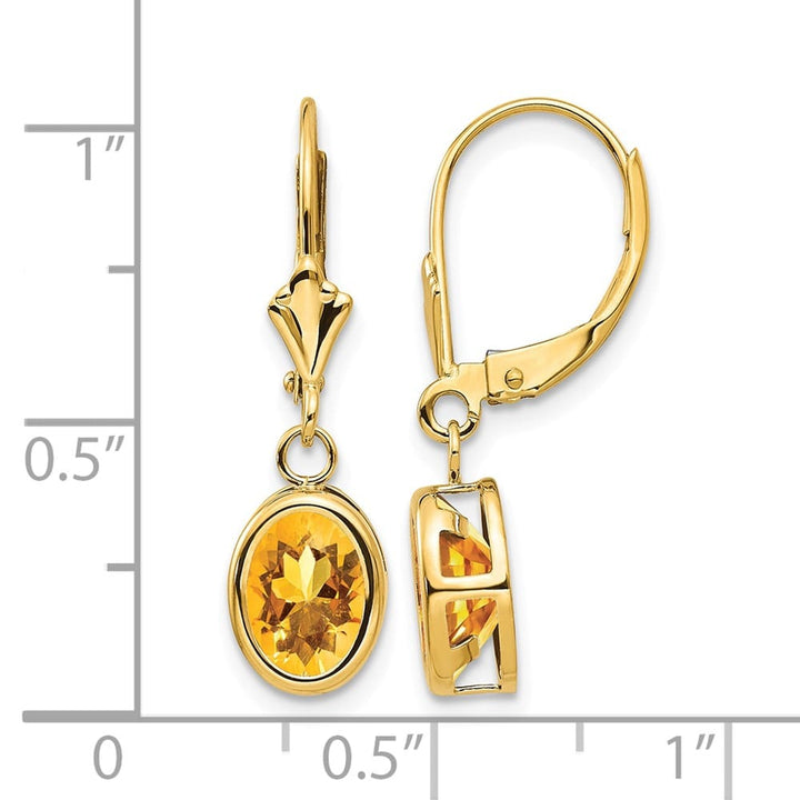 14K Yellow Gold 8x6mm Oval Bezel Leverback Dangle Earrings, Citrine, view 20 of 24