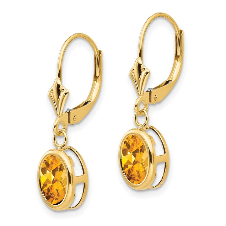 14K Yellow Gold 8x6mm Oval Bezel Leverback Dangle Earrings, Citrine, view 18 of 24