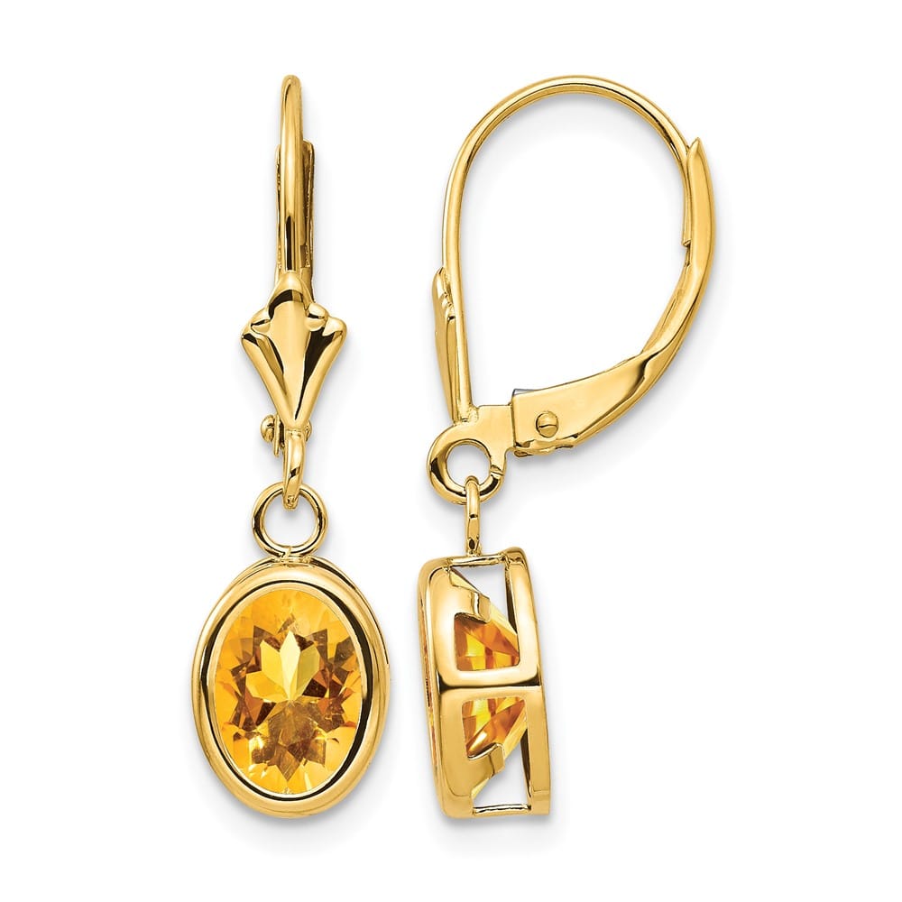 14K Yellow Gold 8x6mm Oval Bezel Leverback Dangle Earrings, Citrine, view 17 of 24