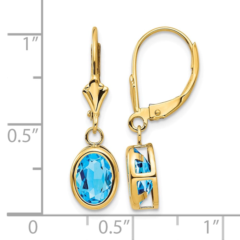 14K Yellow Gold 8x6mm Oval Bezel Leverback Dangle Earrings, Swiss Blue Topaz, view 16 of 24