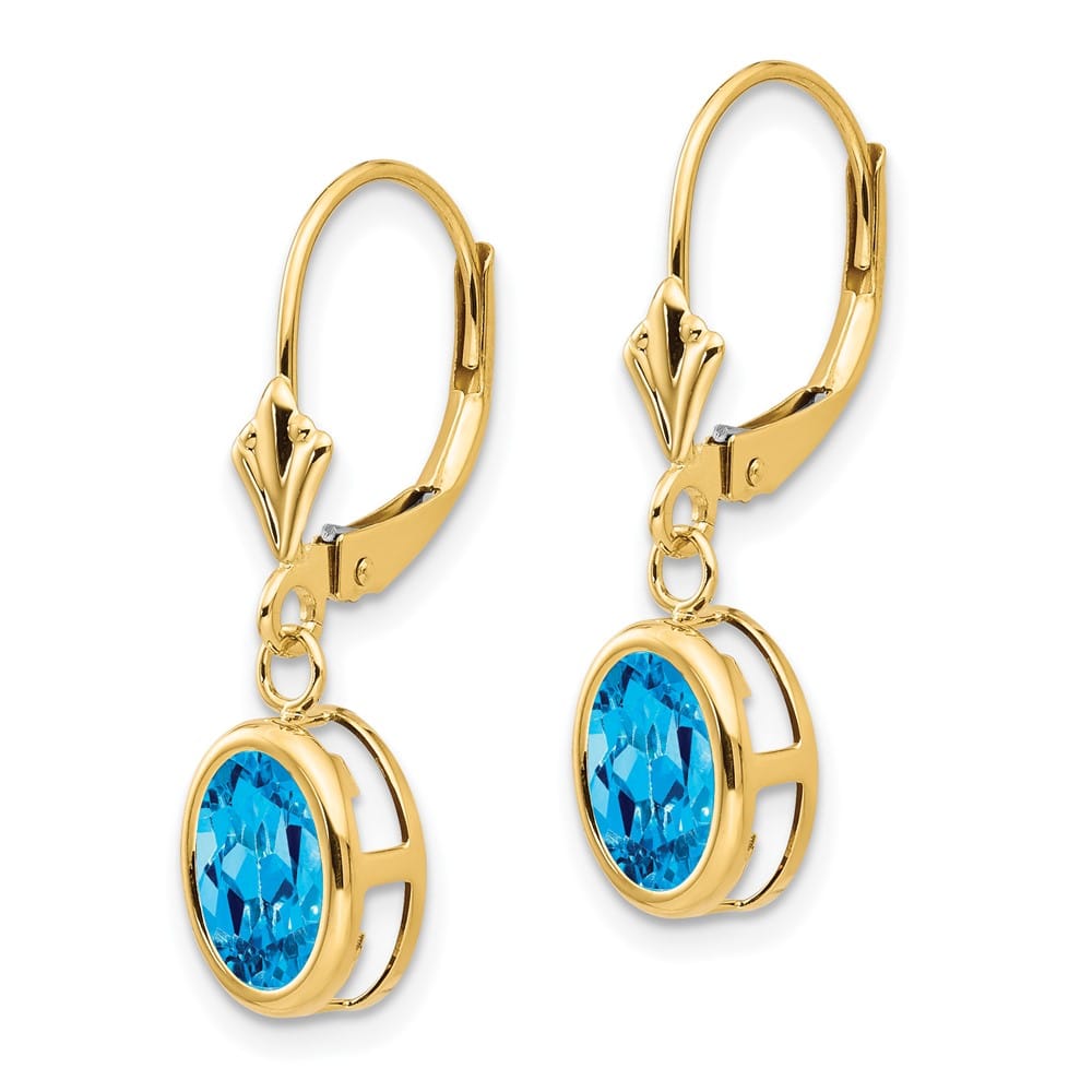 14K Yellow Gold 8x6mm Oval Bezel Leverback Dangle Earrings, Swiss Blue Topaz, view 14 of 24