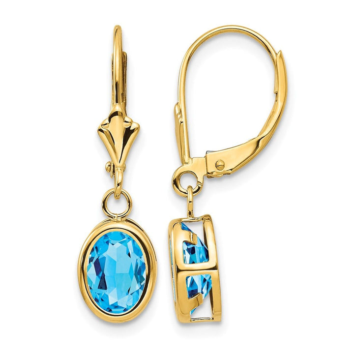 14K Yellow Gold 8x6mm Oval Bezel Leverback Dangle Earrings, Swiss Blue Topaz, view 13 of 24