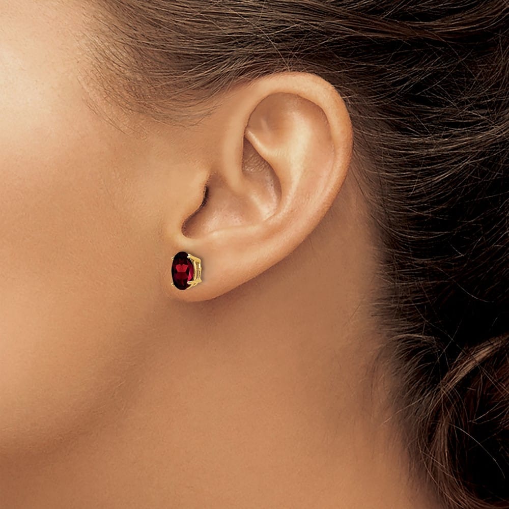 14K Yellow Gold 8x6mm Oval Garnet Post Earrings, view 3 of 4