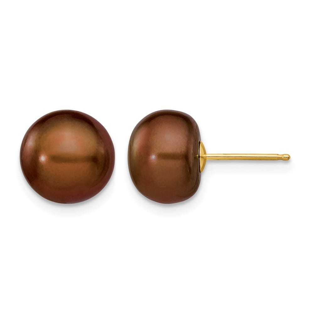14K Yellow Gold 9-10mm Brown Button Freshwater Pearl Stud Earrings