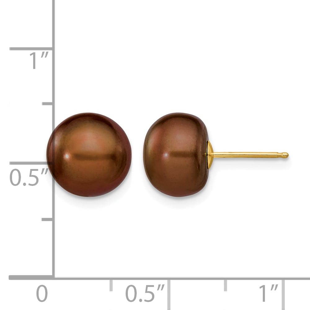 14K Yellow Gold 9-10mm Brown Button Freshwater Pearl Stud Earrings