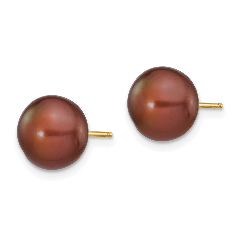 14K Yellow Gold 9-10mm Brown Button Freshwater Pearl Stud Earrings