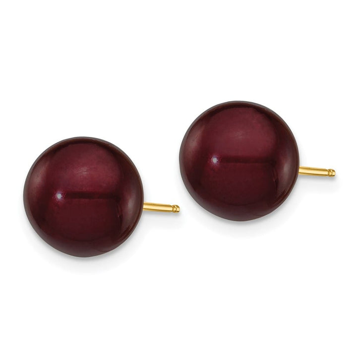 14K Yellow Gold 9-10mm Brown Round Freshwater Pearl Stud Post Earrings, view 2 of 4