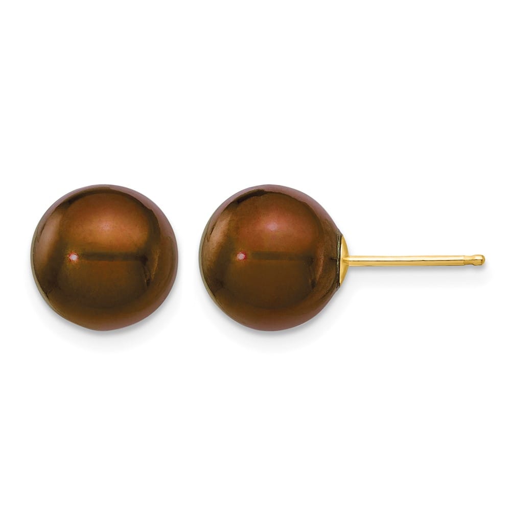 14K Yellow Gold 9-10mm Brown Round Freshwater Pearl Stud Post Earrings, view 1 of 4