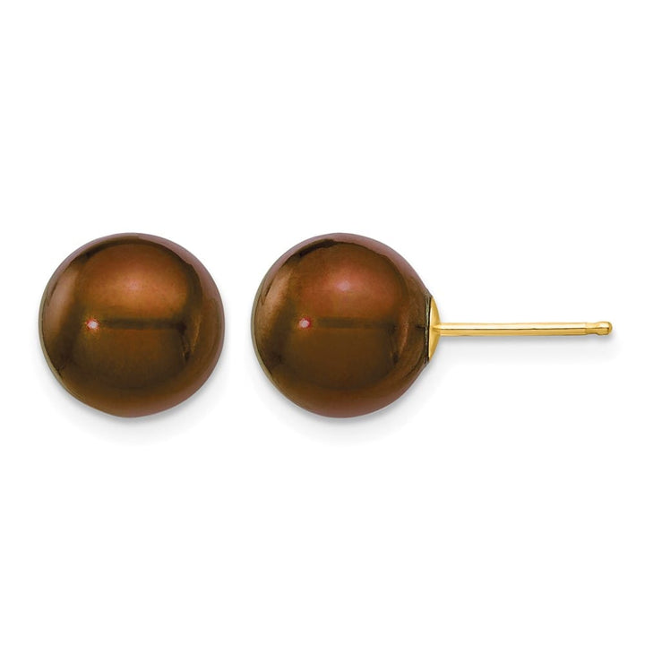 14K Yellow Gold 9-10mm Brown Round Freshwater Pearl Stud Post Earrings, view 1 of 4