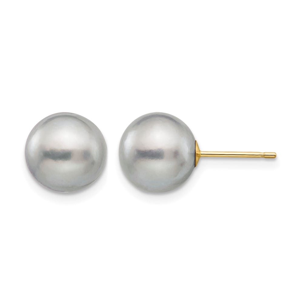 14K Yellow Gold 9-10mm Gray Round Freshwater Pearl Stud Post Earrings, view 1 of 4