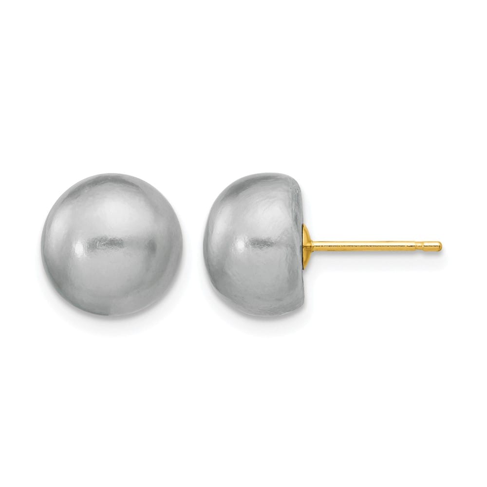14K Yellow Gold 9-10mm Grey Button Freshwater Pearl Stud Post Earrings