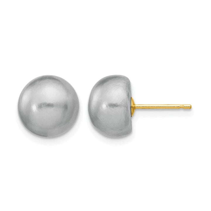 14K Yellow Gold 9-10mm Grey Button Freshwater Pearl Stud Post Earrings
