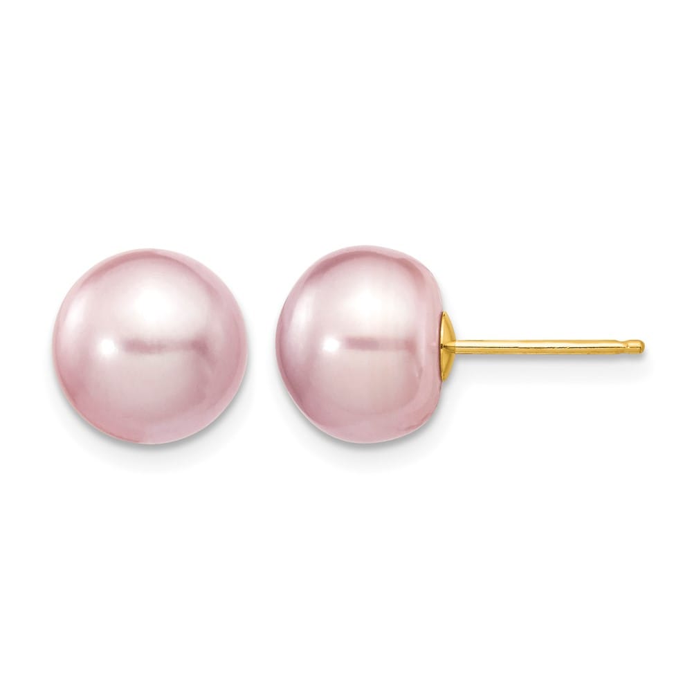 14K Yellow Gold 9-10mm Purple Button Freshwater Pearl Stud Earrings