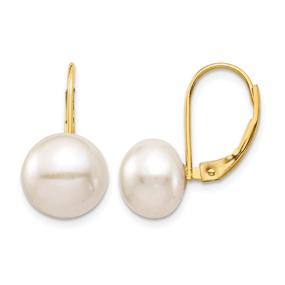 14K Yellow Gold 9-10mm White Button Freshwater Pearl Earrings