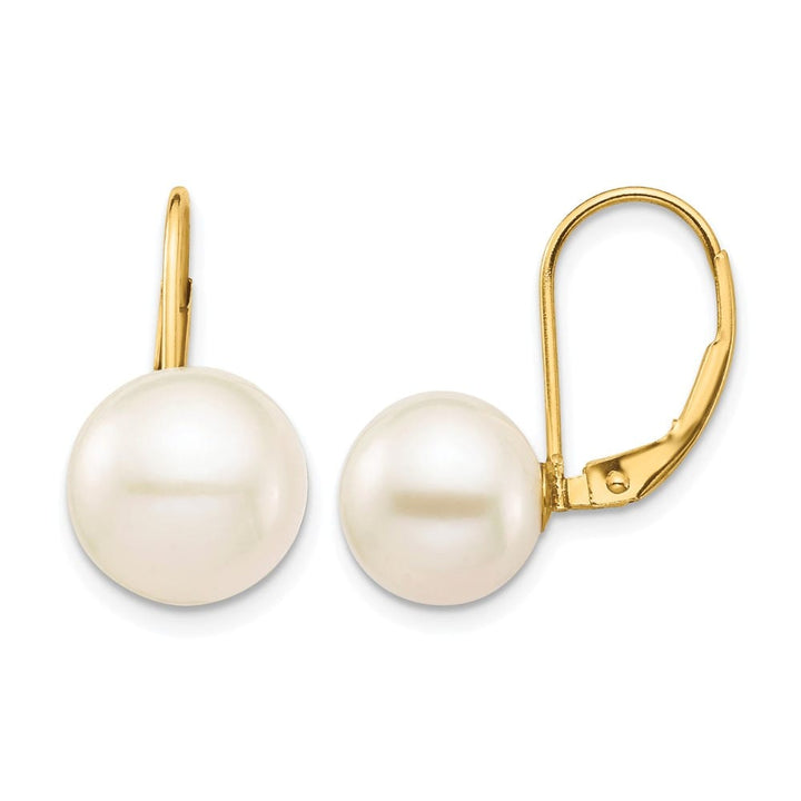 14K Yellow Gold 9-10mm White Round Freshwater Pearl Leverback Earrings