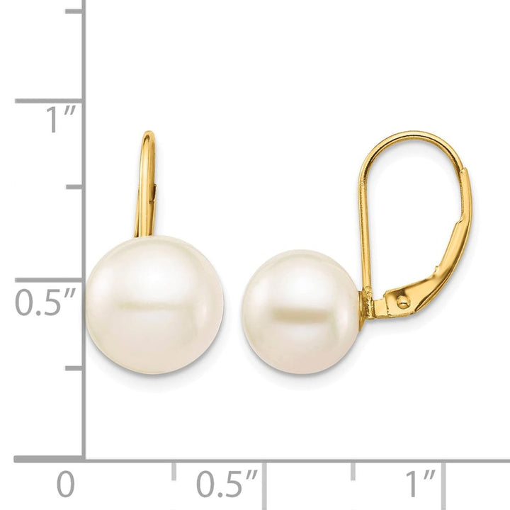 14K Yellow Gold 9-10mm White Round Freshwater Pearl Leverback Earrings