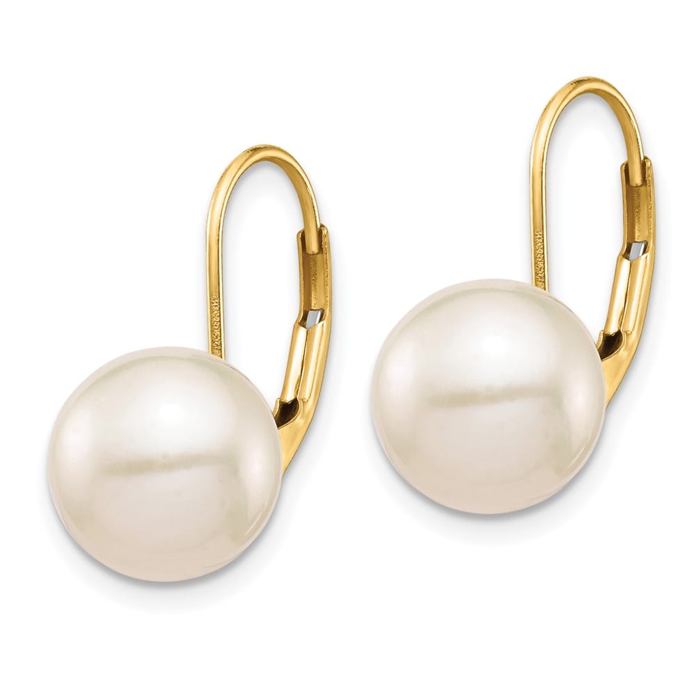 14K Yellow Gold 9-10mm White Round Freshwater Pearl Leverback Earrings